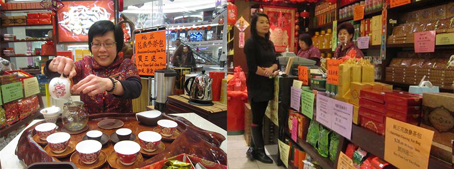 Shopkeepers at a Chinese tea shop in Vancouver serve tea and sell tea leaves