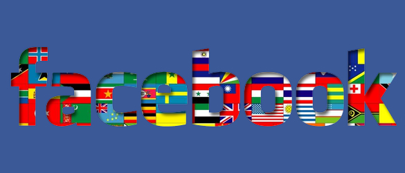 A graphic of the Facebook logo featuring flags of the world in the background