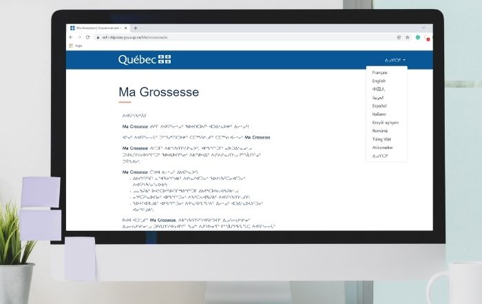 Computer screen showing Ministry of Health & Social Services multilingual webpage translation